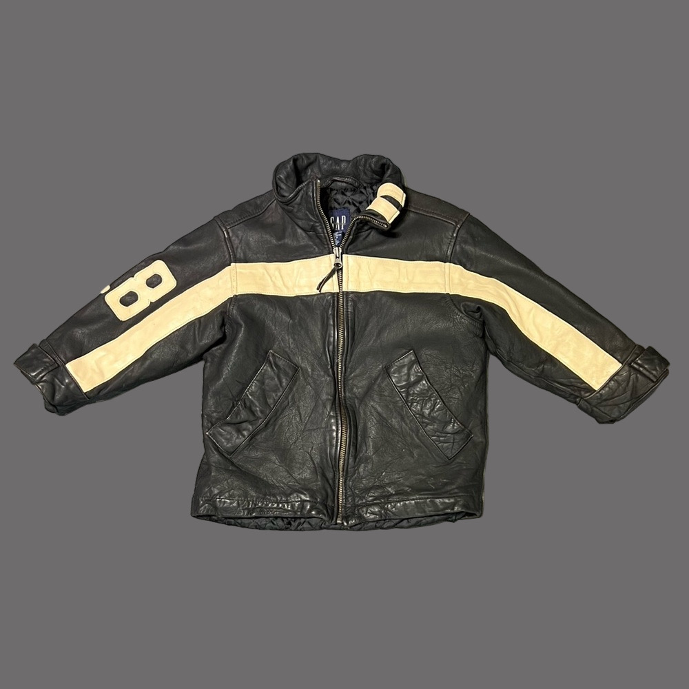 GAP Kids Black and Cream Bomber Leather Jacket Sporty Varsity Style